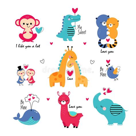 Cute Animals in Love Celebrating Valentine Day Vector Set Stock Vector ...