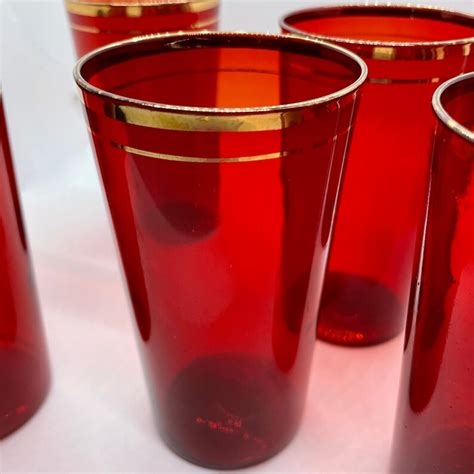 Vintage Ruby Red Drinking Glasses Double Gold Band Etsy