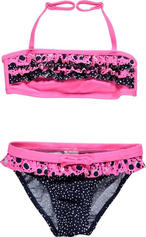 Lentiggini Swimwear Meisjes Bikini Navy Neon Pink Met Roesjes Maat 98