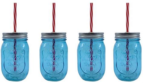 Juego 24 Vasos Mason Jar Azul Claro Con Tapa Y Popote 470 Ml Mayoreo