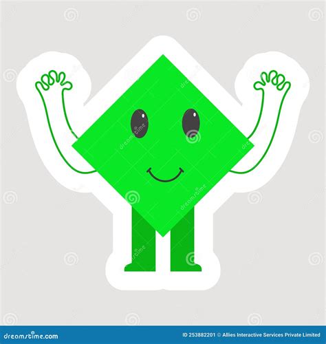 Sticker Style Hand Up Green Rhombus Shape Cartoon Standing On Grey