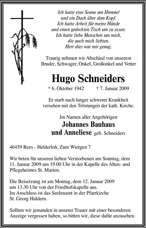 Traueranzeigen Von Hugo Schneiders Trauer In Nrw De