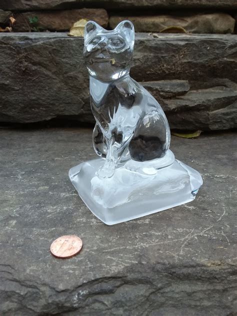 Vintage Clear Glass Cat Paperweight Figurine Sitting On Frosted Glass Pillow Etsy