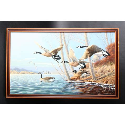 Original Oil Painting On Board Showing Canadian Geese In Flight Over