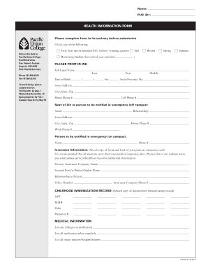 Fillable Online Puc HEALTH INFORMATION FORM Pacific Union College