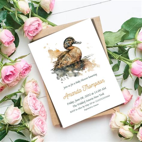 Beige Girl Mallard Duck Baby Shower Invitation Canva Template Duck