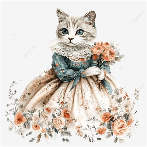 Gato Elegante Con Un Vestido Y Flores PNG Dibujos Gato Vestir Flores