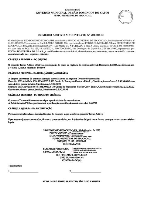 PRIMEIRO ADITIVO AO CONTRATO Nº 2023025101 Prefeitura Municipal de