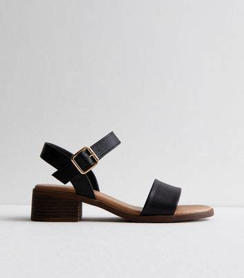 Black Leather-Look Low Block Heel Sandals | New Look