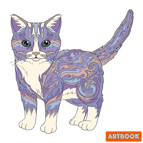 a drawing of a cat with blue eyes and purple swirls on it's body