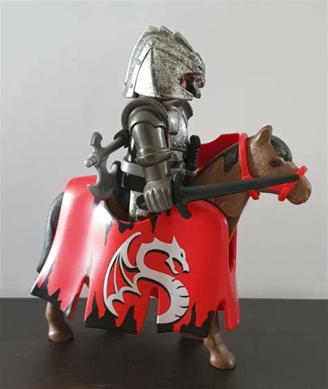 PLAYMOBIL CHEVALIER ROUGE Dragon Argent Cheval Armes Moyen Age