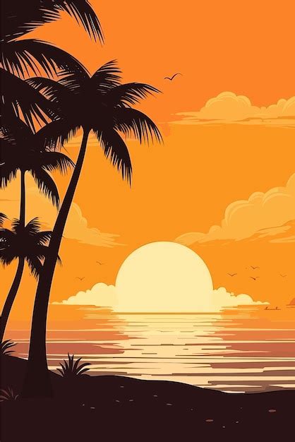 Ilustra O Paisagem Tropical Oceano Nascer Do Sol E Praia Palmeiras