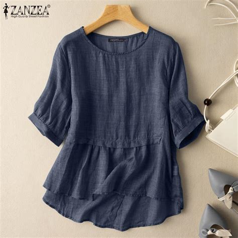 Cheap ZANZEA Women O Neck 3 4 Sleeve Blouse Tops Solid Color Loose