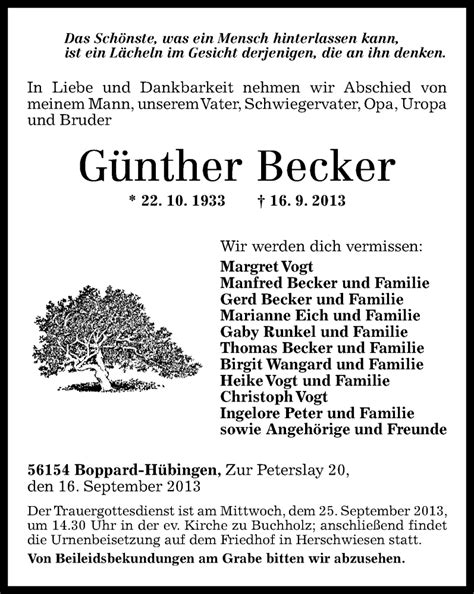 Traueranzeigen von Günther Becker rz trauer de