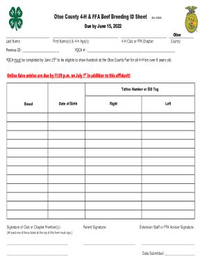 Fillable Online Extension Unl Otoe County 4 H FFA Beef Breeding ID