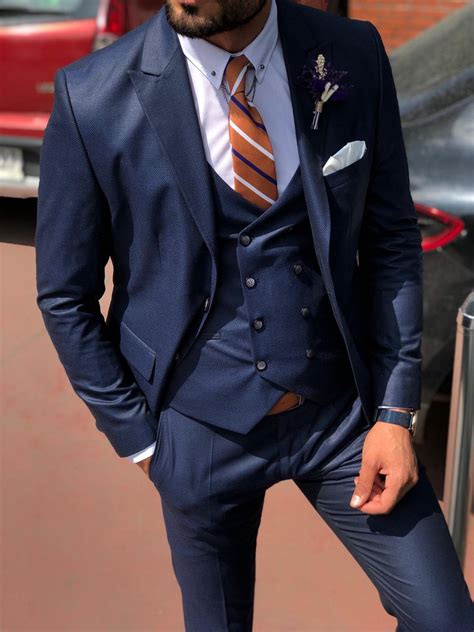 Baha Slim Fit Patterned Suit Vest Navy Blue Viclan