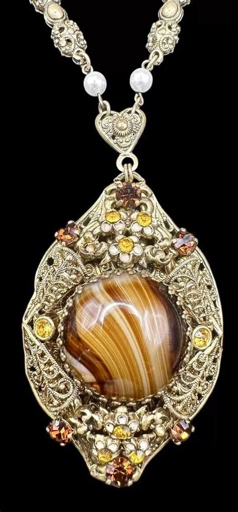 West Germany Filigree Porphyry Slag Glass Topaz Rhinestone Faux Pearl