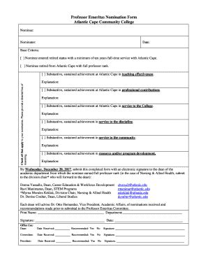 Fillable Online Professor Emeritus Nomination Form Atlantic Cape Fax