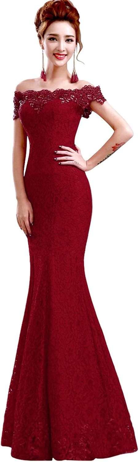 Amazon Babyonline Off Shoulder Lace Red Mermaid Evening Formal