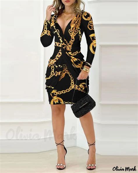 Olivia Mark Baroque Chain Print Twist Detail Evening Dress Long