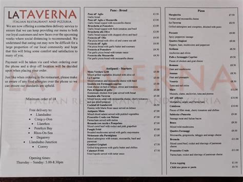 Menu at La Taverna restaurant, Llandudno