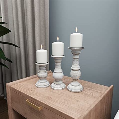 Deco Mango Wood Turned Style Pillar Candle Holder With Distressed