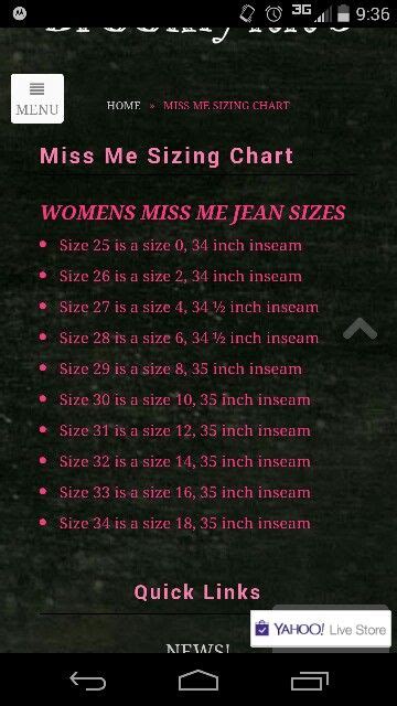 Miss Me Womens Jeans Size Chart