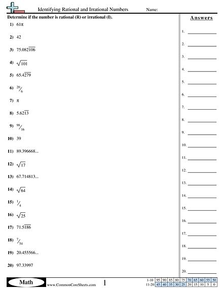 Comparing Rational And Irrational Numbers Worksheet Irration