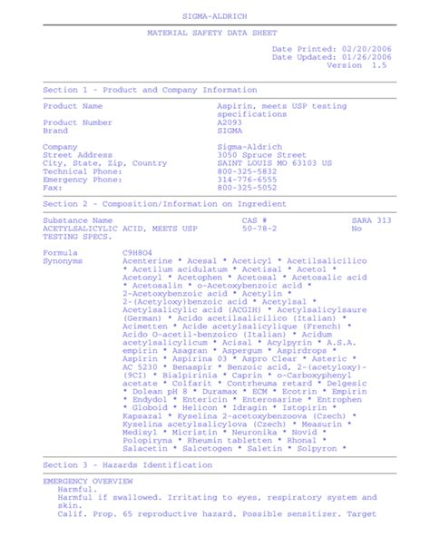 SIGMA-ALDRICH MATERIAL SAFETY DATA SHEET Date Printed