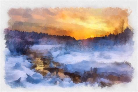 Watercolor Winter Landscapes Stock Illustration Illustration Of