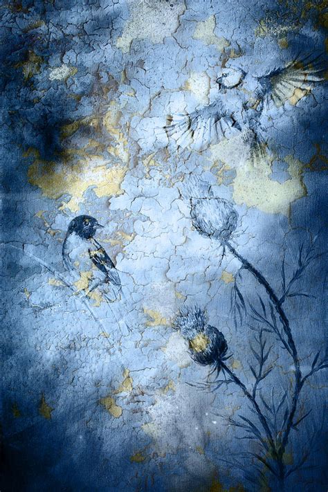 Birds On Crackle Blue Color Background Painting by Jozef Klopacka