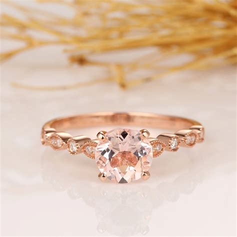 Art Deco Morganite Ring Round Cut 1ct Morganite Ring 14k Rose Gold