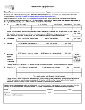 Fillable Online Fhs Mcmaster Health Screening Update Form Fhs