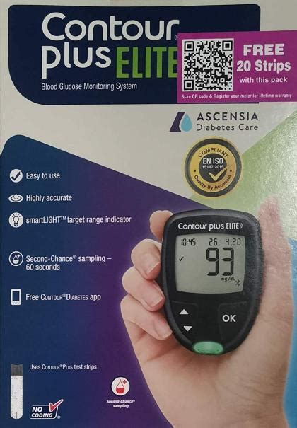 Ascensia Contour Plus Elite Blood Glucometer with Contour Plus Blood Glucose Test Strip 20S Free ...