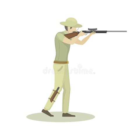 Cartoon Illustration Of Hunter Aiming Rifle Vector Character Stock