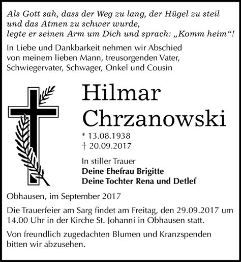 Traueranzeigen Von Hilmar Chrzanowski Abschied Nehmen De