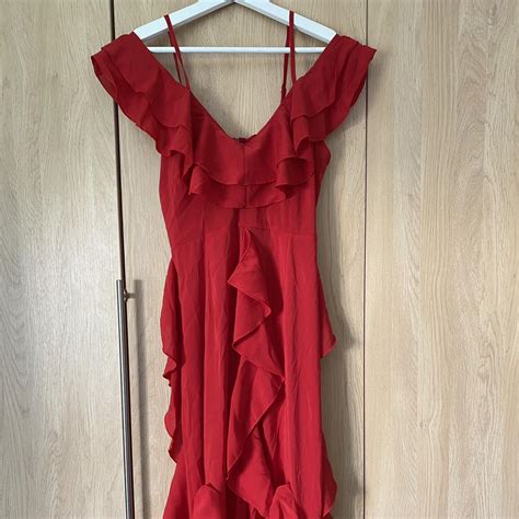 Red Cold Shoulder Ruffle Detail Maxi Dress Doesnt Depop