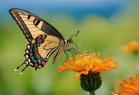 elegant butterfly drinking nectar  orange flower   natural