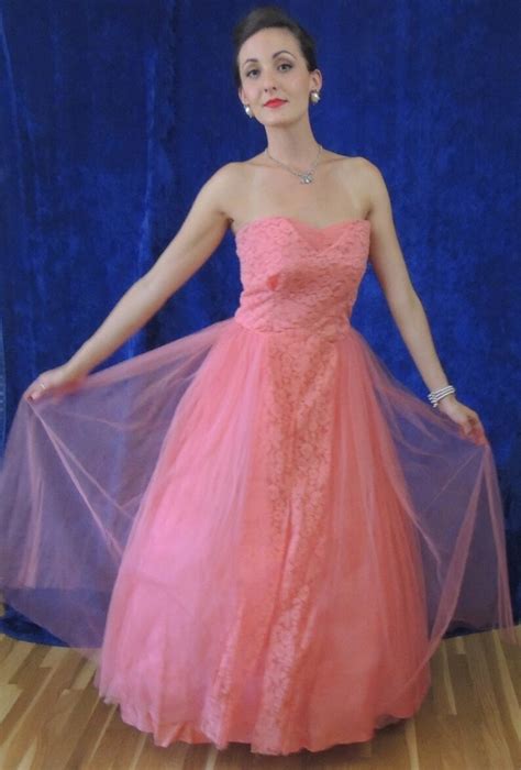 40s Pink Prom Dressmed28wlong Lace Tulle Prom Dress1940s Full Skirt