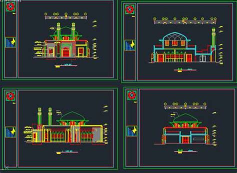 طراحی کامل مسجد به همراه پلان،نما،مقطع در اتوکد - پروژه معماری دات کام
