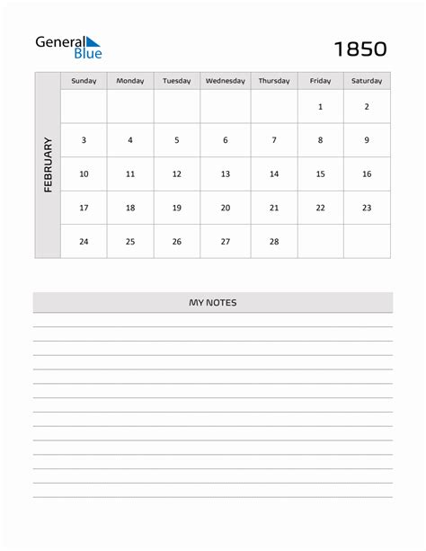 February 1850 Printable Monthly Calendar With Notes