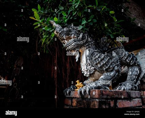 Ancient Himmapan Leo Statue Guarding The Foot Of The Stairs Up The