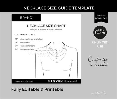 Editable Necklace Size Chart Template Printable Necklace Length Size