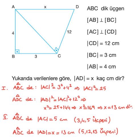 9 Sınıf Dik Üçgende Pisagor ve Öklid Bağıntıları Test Soruları