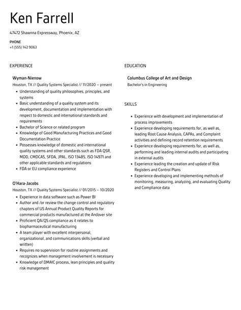 Quality Systems Specialist Resume Samples Velvet Jobs