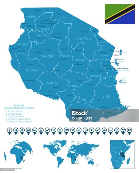 タンザニア 都市地域世界地図と地球上の位置と詳細な青い国の地図インフォグラフィックアイコン アイコンのベクターアート素材や画像を多数ご用意