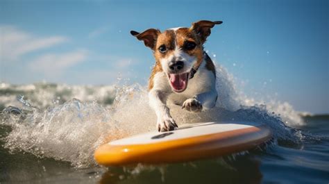 Premium AI Image | Funny dog surfing on a surfboard in the sea Jack ...