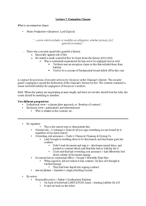 Lecture 7 Notes On Exemption Clauses In English Contract Law