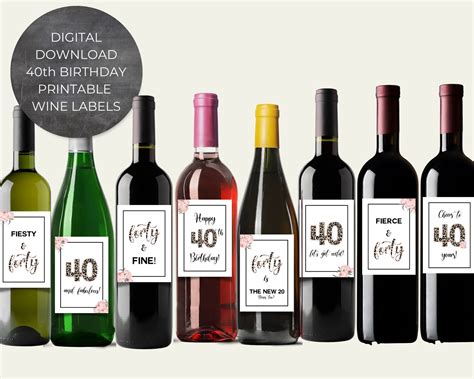 40th Birthday Printable Wine Bottle Labels Instant Download Etsy