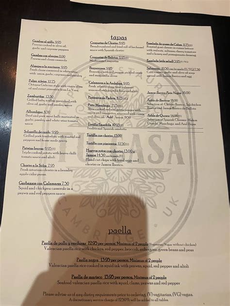 Menu At Tu Casa Tapas Restaurant Cambridge